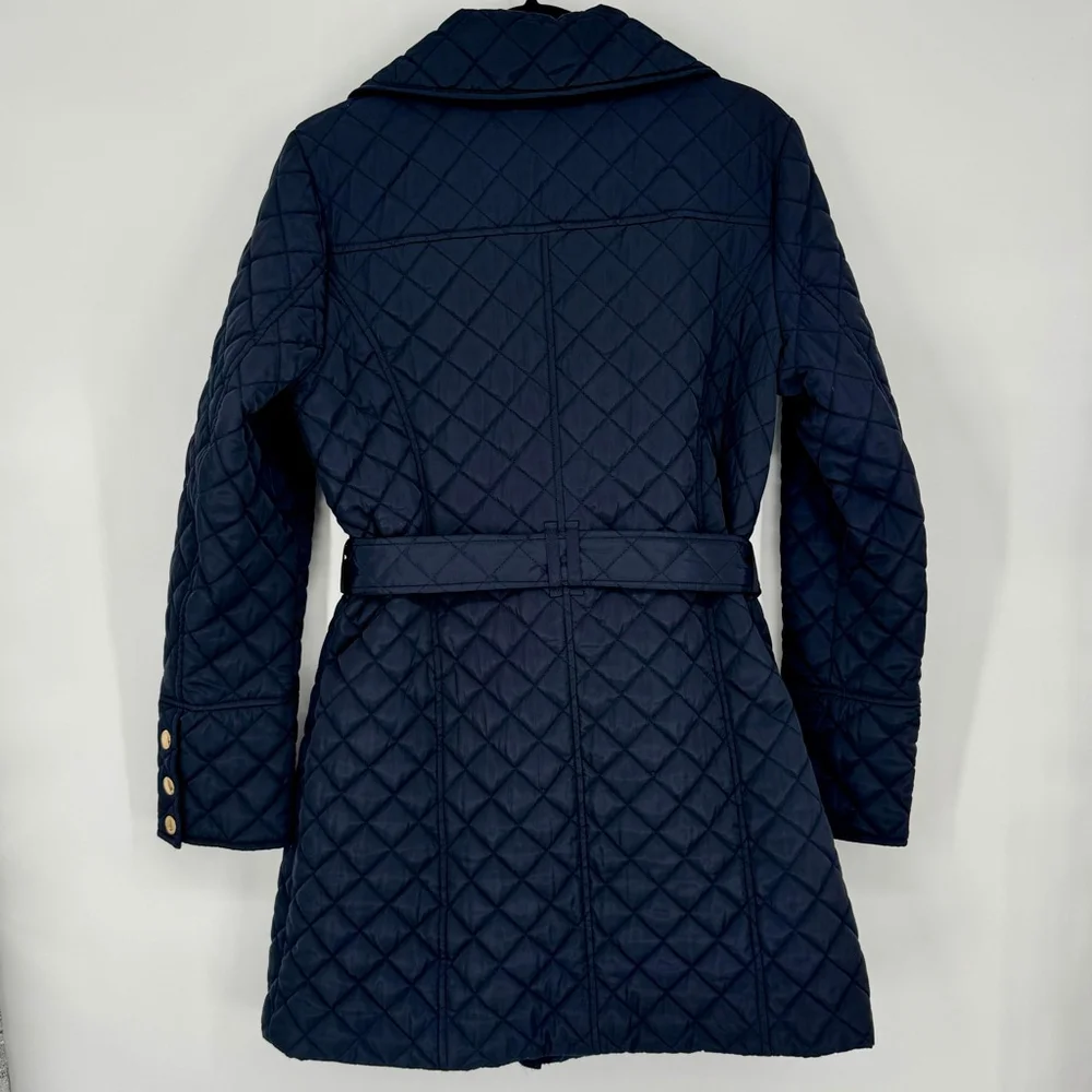 Michael Kors Quilted Belted Jacket L Navy with Gold Hardware